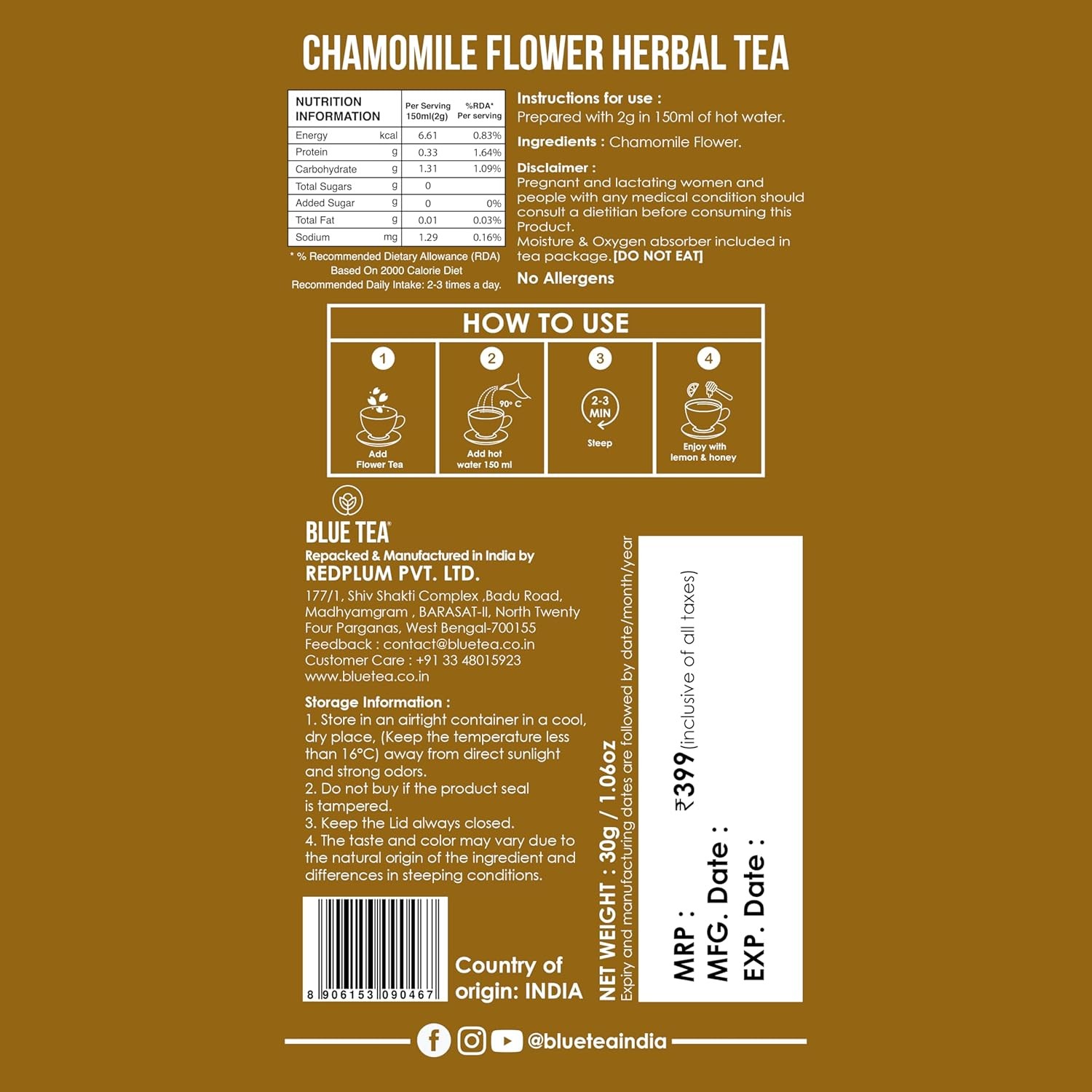 Blue Tea Chamomile Flower Tea 30 Cups Capicity 30g