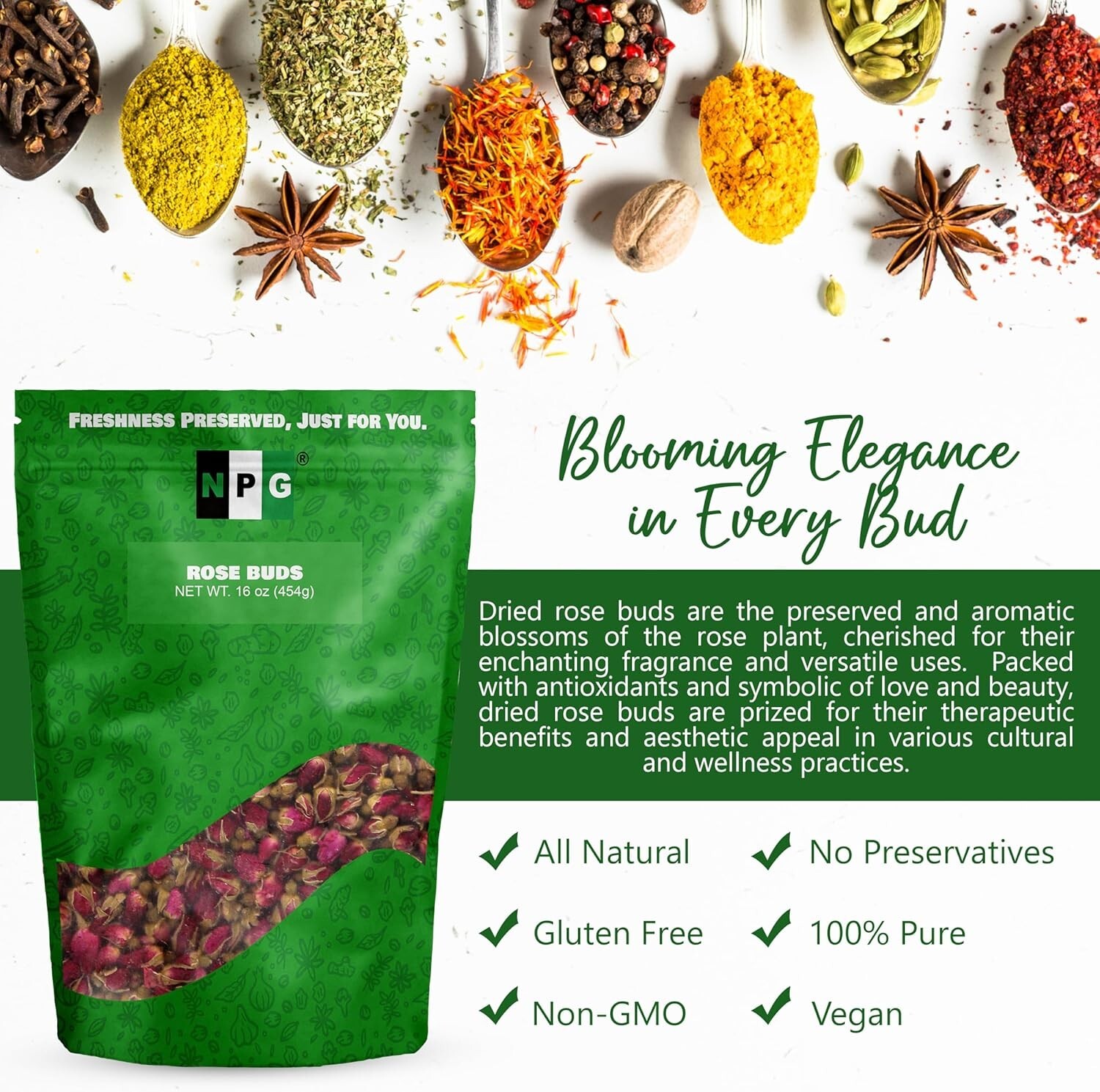 NPG Freeze Dried Rose Buds 16 Oz, Aromatic Rosebuds Herbal Flower Tea