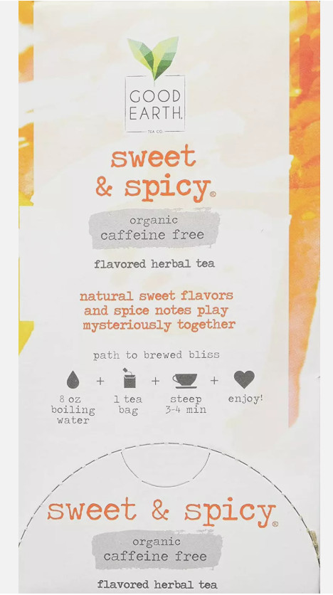 Organic Sweet & Spicy Herbal Caffeine Free Good Earth Teas 18 Tea Bag Pack of 2