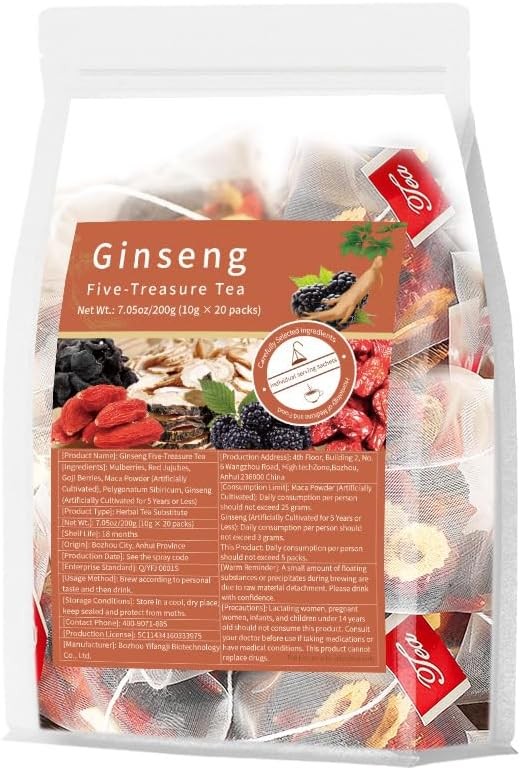 Ginseng Five Treasure Herbal Tea Bags, Traditional Natural Herbal Wellness Tea