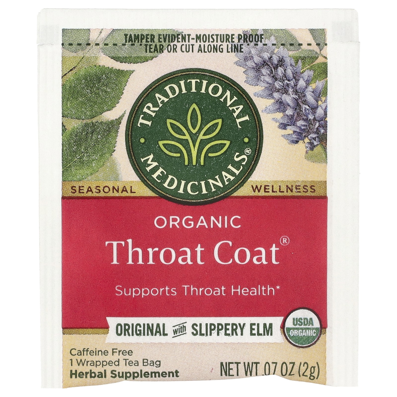 Organic Throat Coat®, Original with Slippery Elm, Caffeine Free, 48 Wrapped Tea