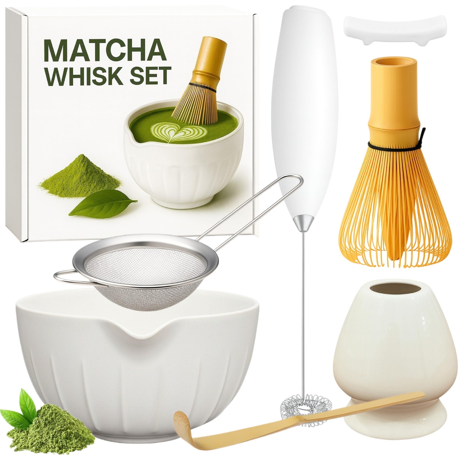 Matcha Whisk Set with Matcha Bowl – Matcha Set Included Electric Frother, Bam…