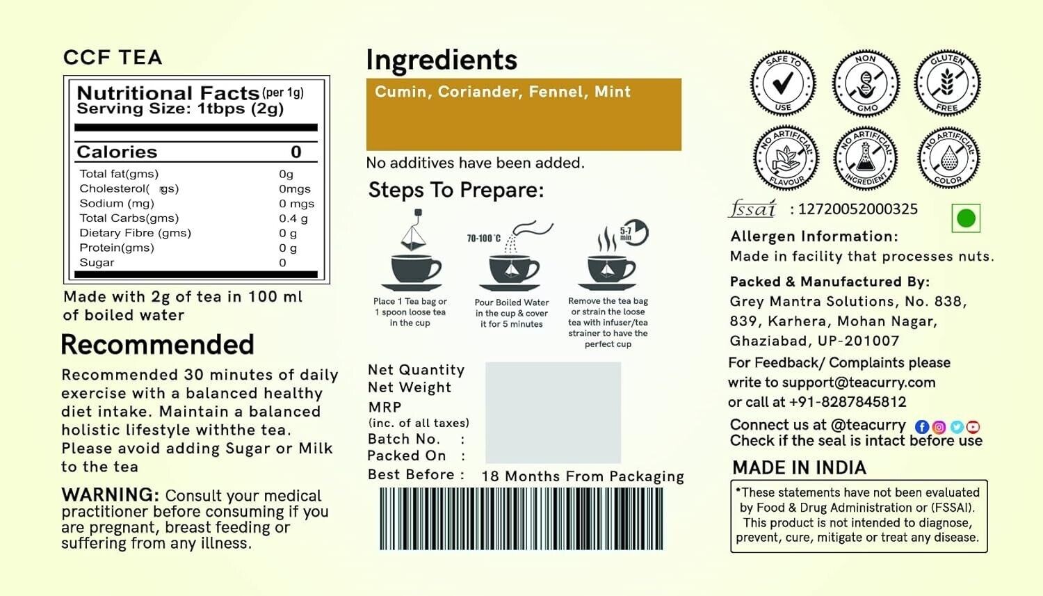 TEACURRY CCF Tea – 30 Tea Bags, CCF Detox Tea for digestive health, skin