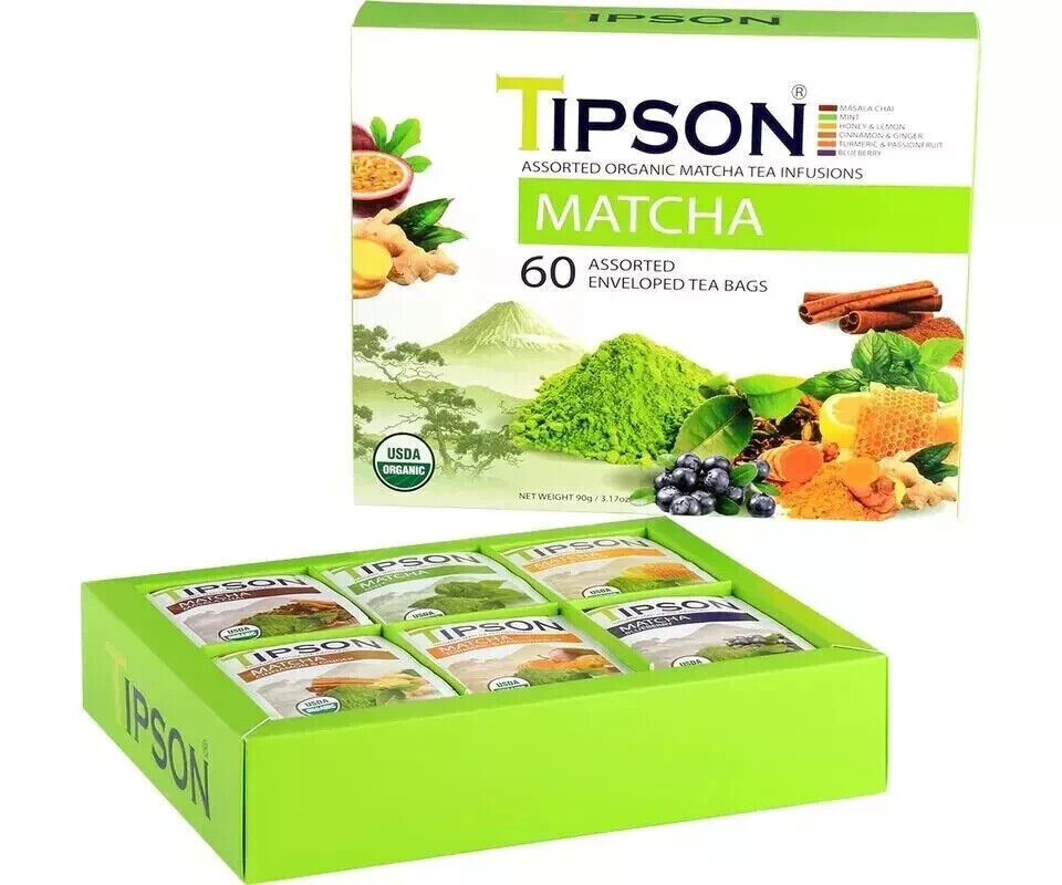 Tipson Organic MATCHA Variety Tea Sampler (60 Tea Bags), Green Tea Infusions