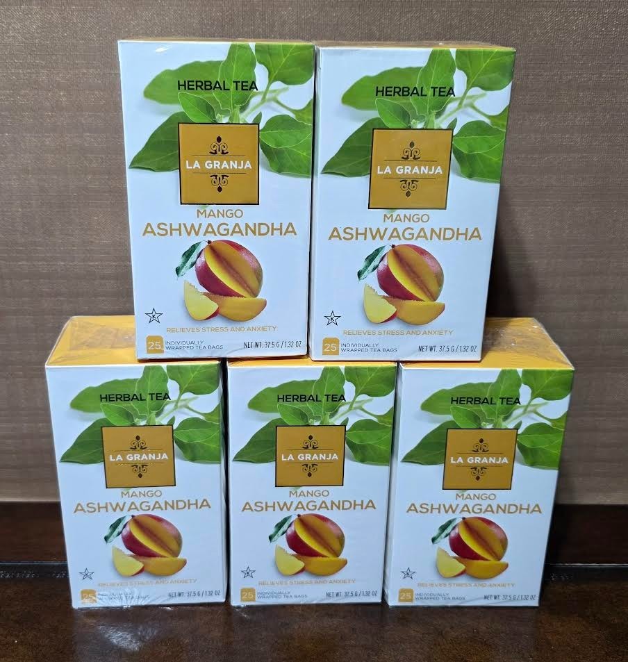 ASHWAGANDHA Mango Herbal Tea – 25 Tea Bags per Pack – LOT of 5 – Exp: 08/2028