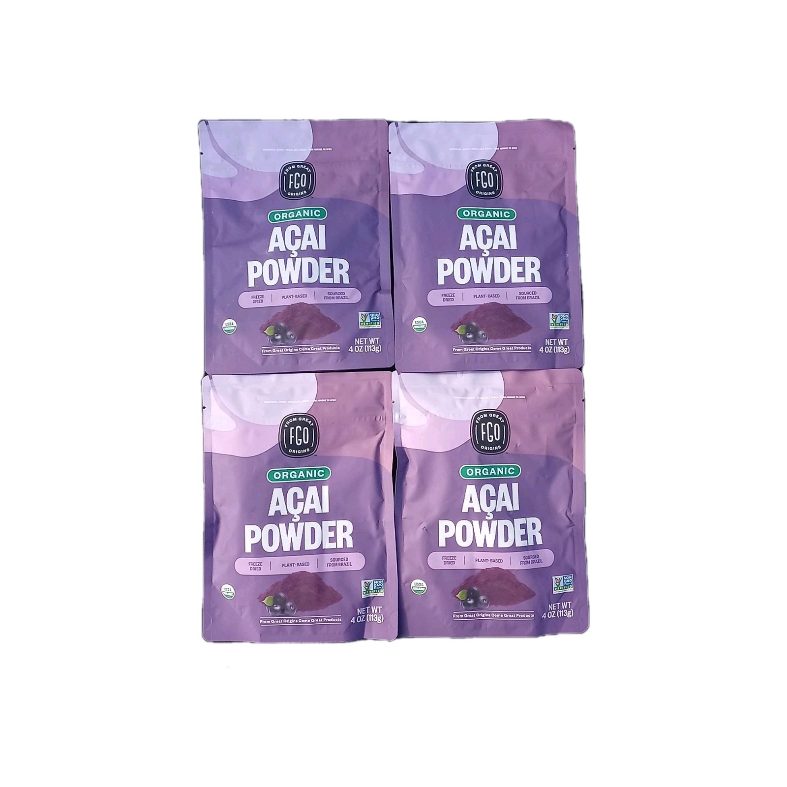 4 bags From Great Origins Organic Acai powder 4.oz each From Brazil 11/27 = 1lb