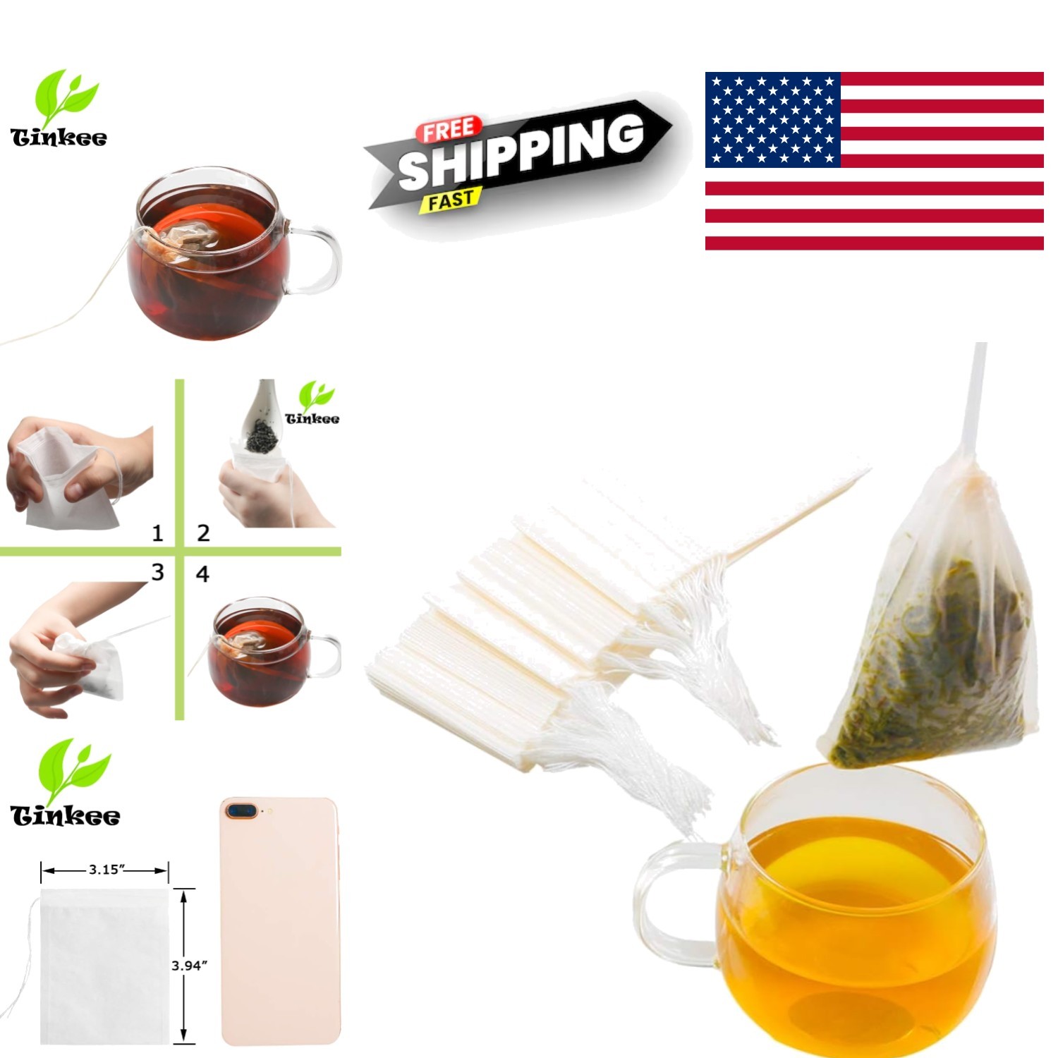 Tea Filter Bags Set of 100 Disposable Tea Infusers Natural Wood Pulp White