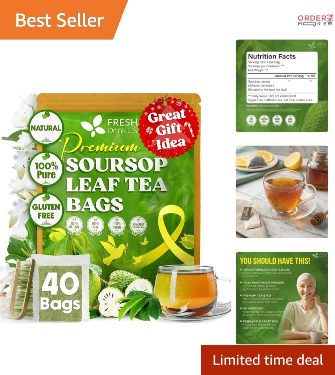 40 Soursop Leaf Tea Bags Natural Handmade Caffeine Free Relaxation