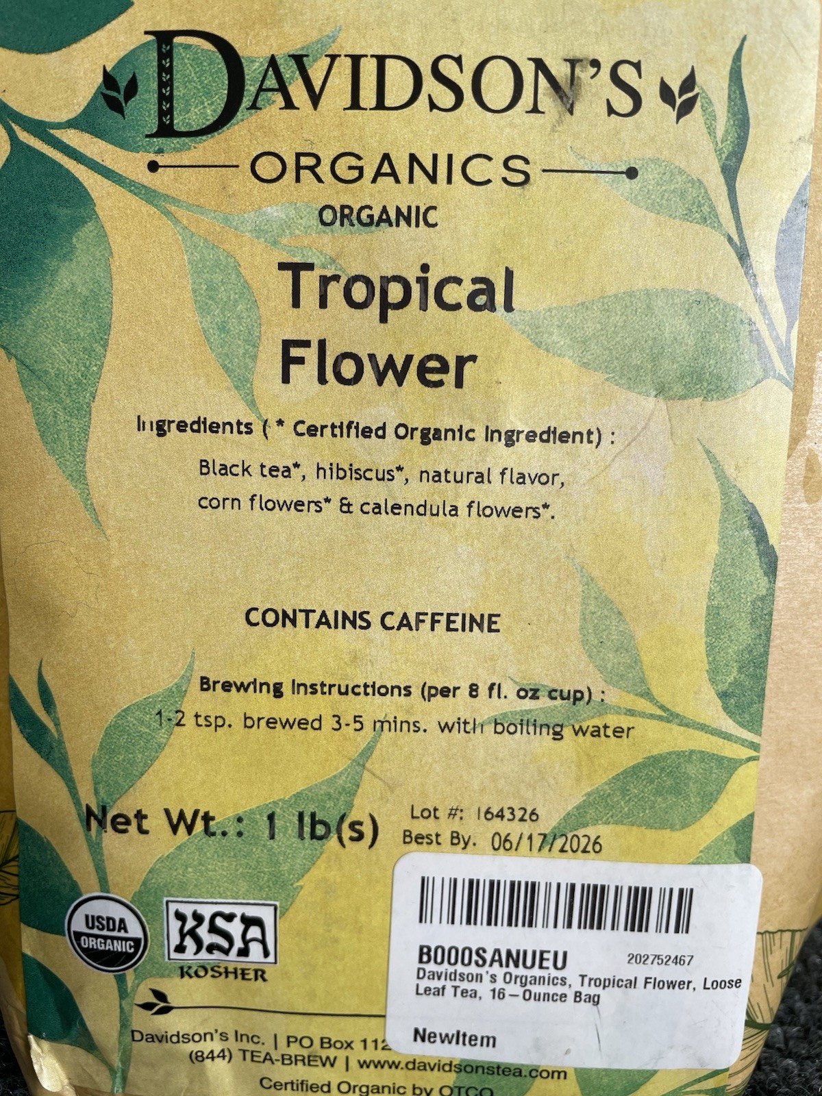 Davidson’s Tropical Flower Loose Leaf Tea 1 lb USDA Organic Kosher