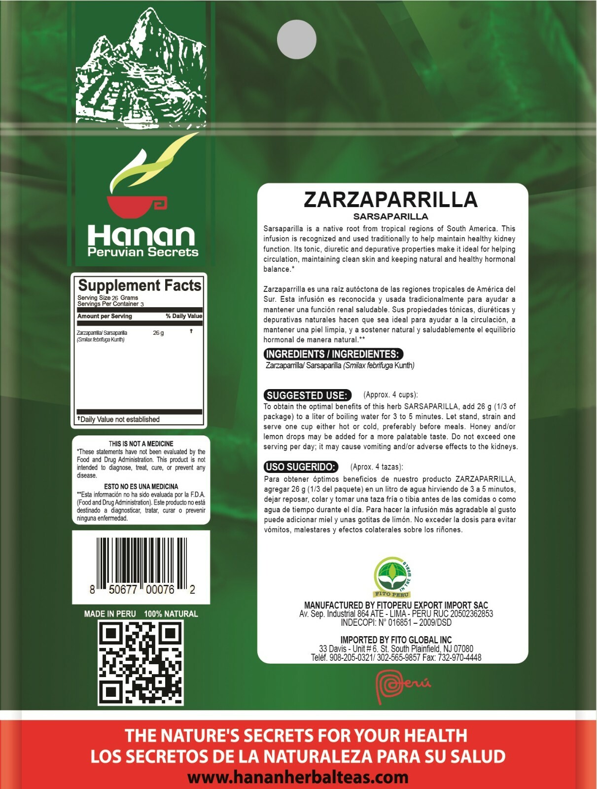 Hanan Peruvian Secrets Zarzaparrilla Herbal Tea | 100% Natural Sarsaparilla Root