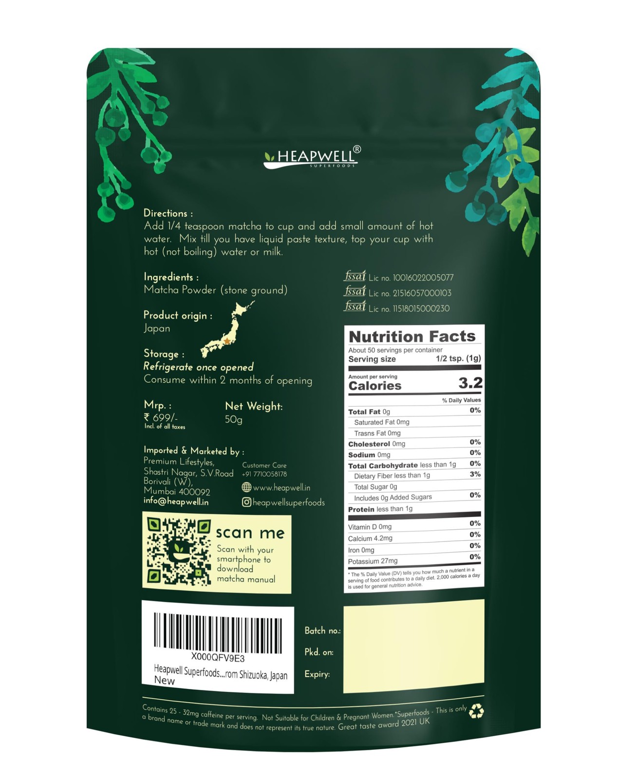 Heapwell Superfoods Japanese Matcha Green Tea 50g | Shizuoka Japan Origin