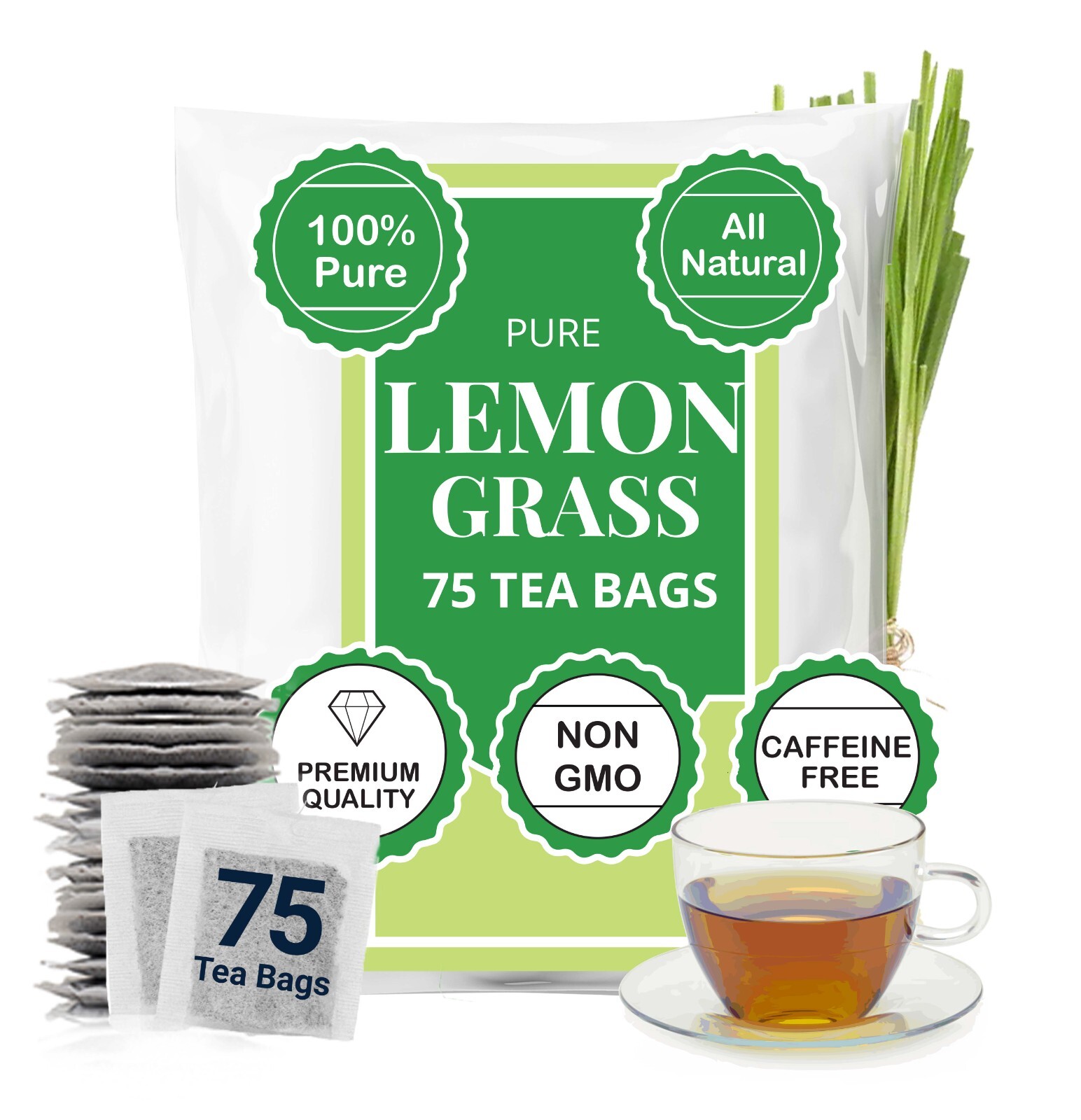 75 Lemongrass Tea Bags, Pure Lemongrass Tea, Detox & Relax, Caffeine-Free