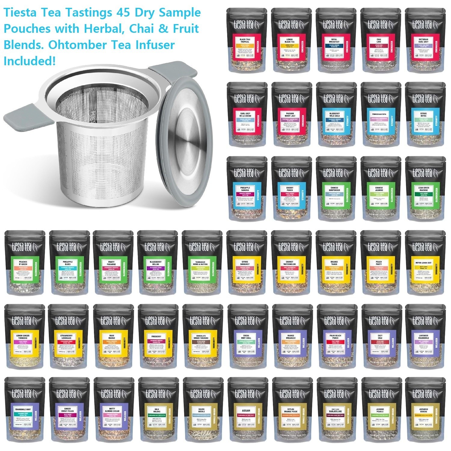 Tiesta Tea Tastings 45 Pouch/500 Cup Dry Loose Leaf Sampler Set & Infuser Bundle