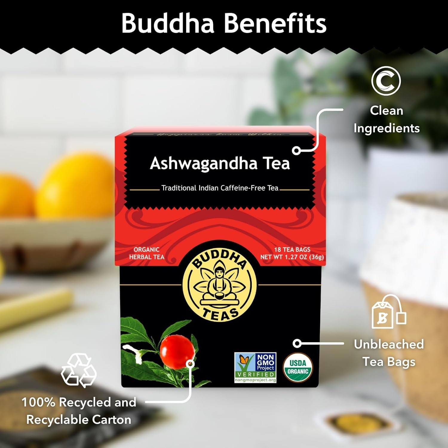 Buddha Teas Organic Herbal Tea Ashwagandha 18 Packets Each (Pack of 4)