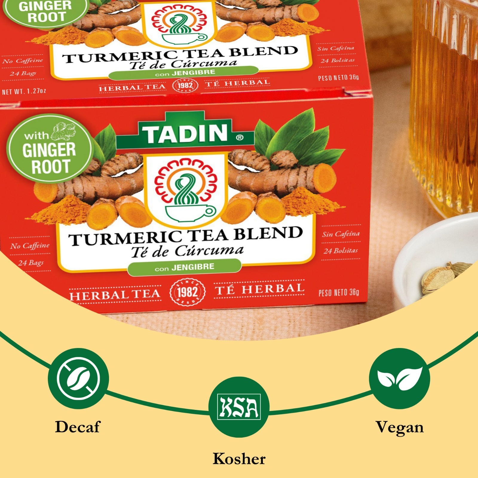TADIN Turmeric Herbal Tea Blend Ginger Basil Cinnamon Cardamom Mix 24 Tea bags