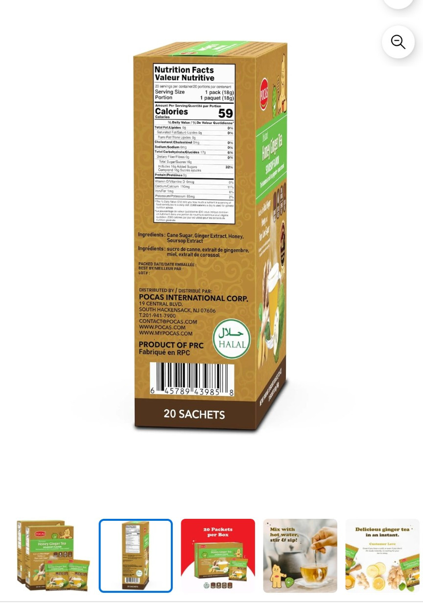 Pocas Honey Ginger Instant Tea Powder, Soursop Flavor, Real Ginger Extract & Hon