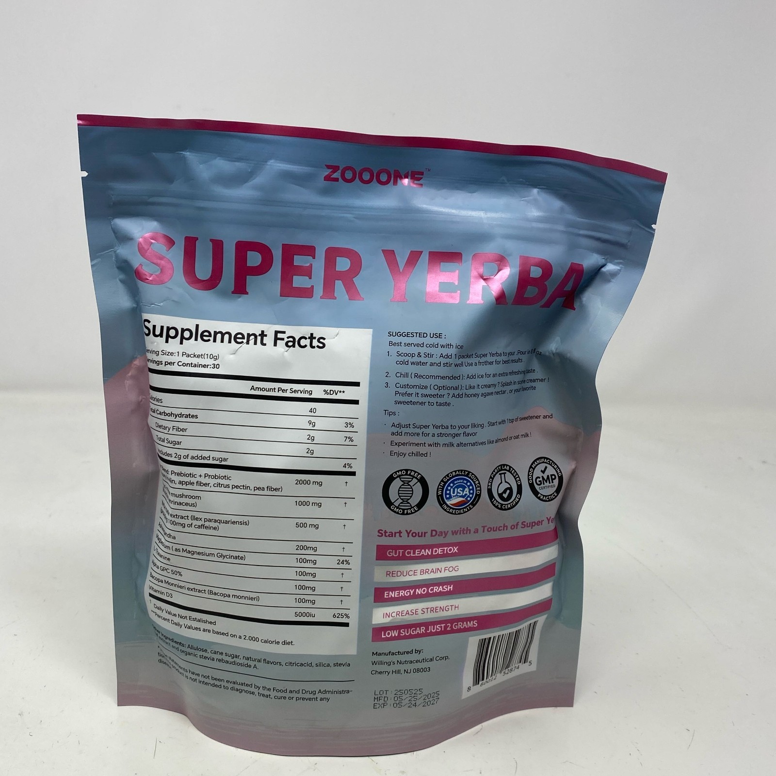 ZOOONE Super Yerba Raspberry Lemonade Instant Powder, 30 Packets