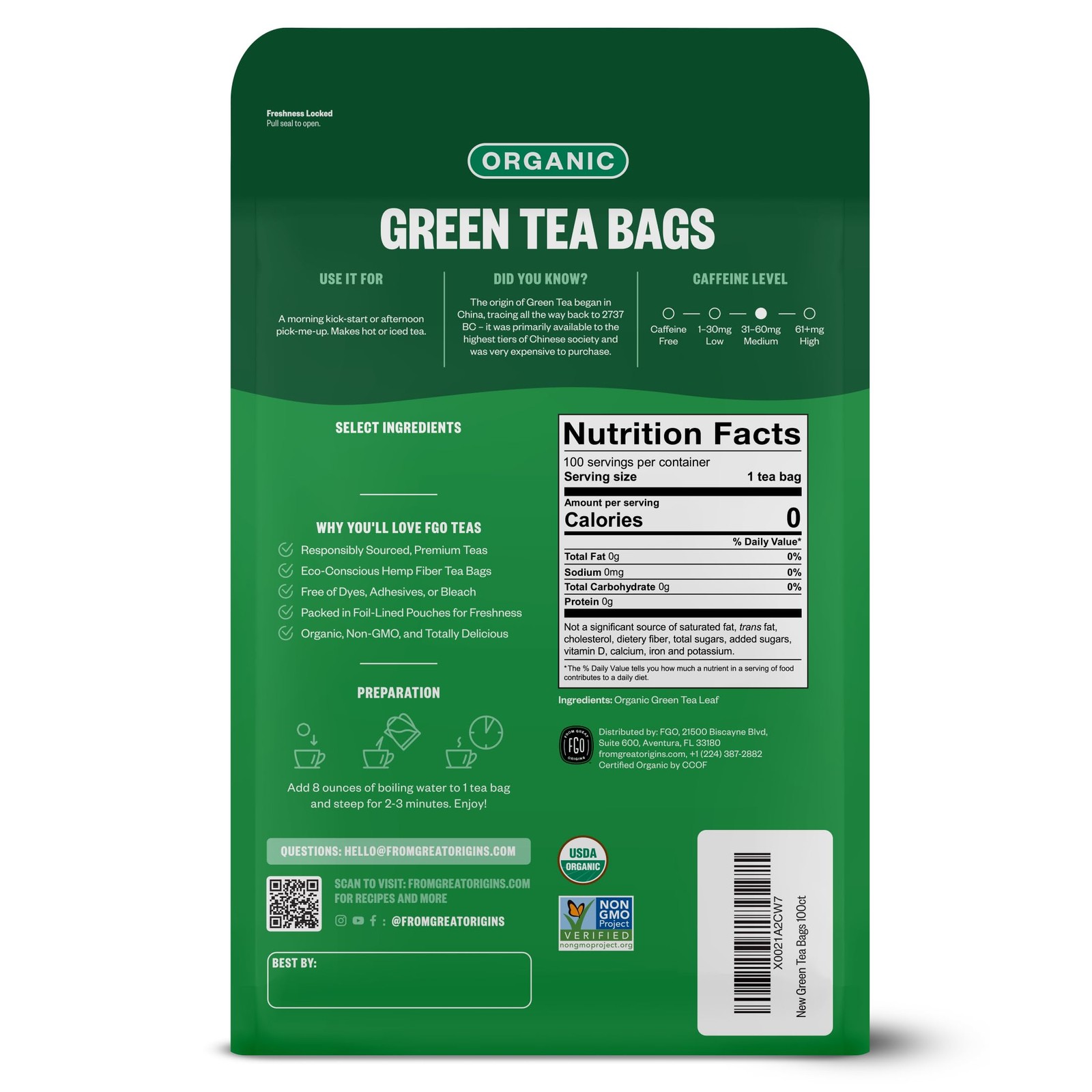 Organic Green Tea, 100 Count Eco-Conscious Tea Bags, Caffeinated, Resealable …