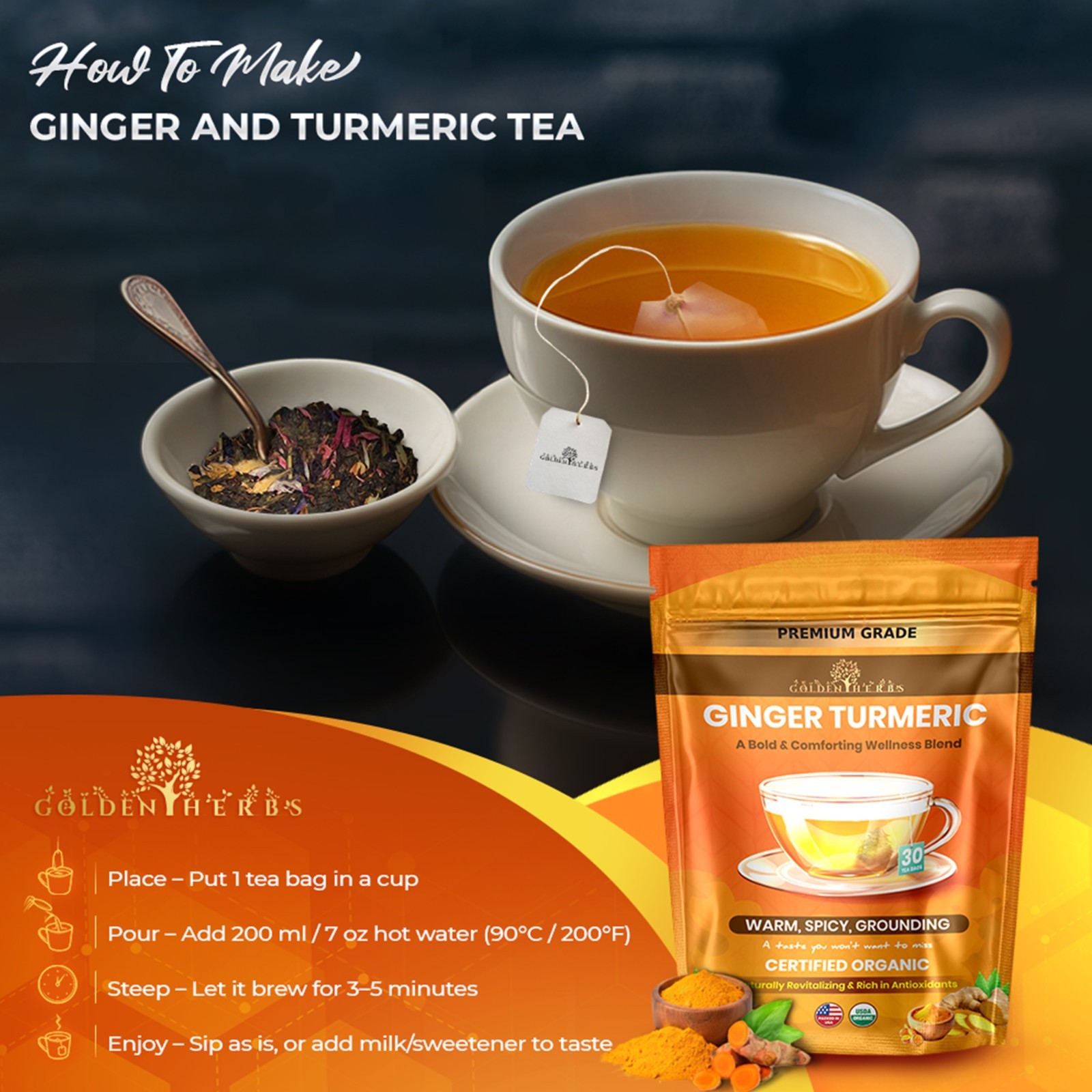 Golden Herbs Turmeric + Ginger Tea Bags, 30 Count Caffeine-Free Herbal Blend