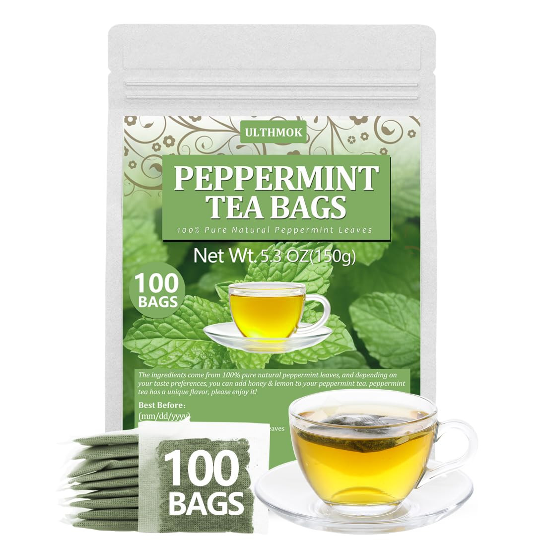 Premium Peppermint Tea Bags, 100 Tea Bags, Made with 100% Natural Peppermint Lea
