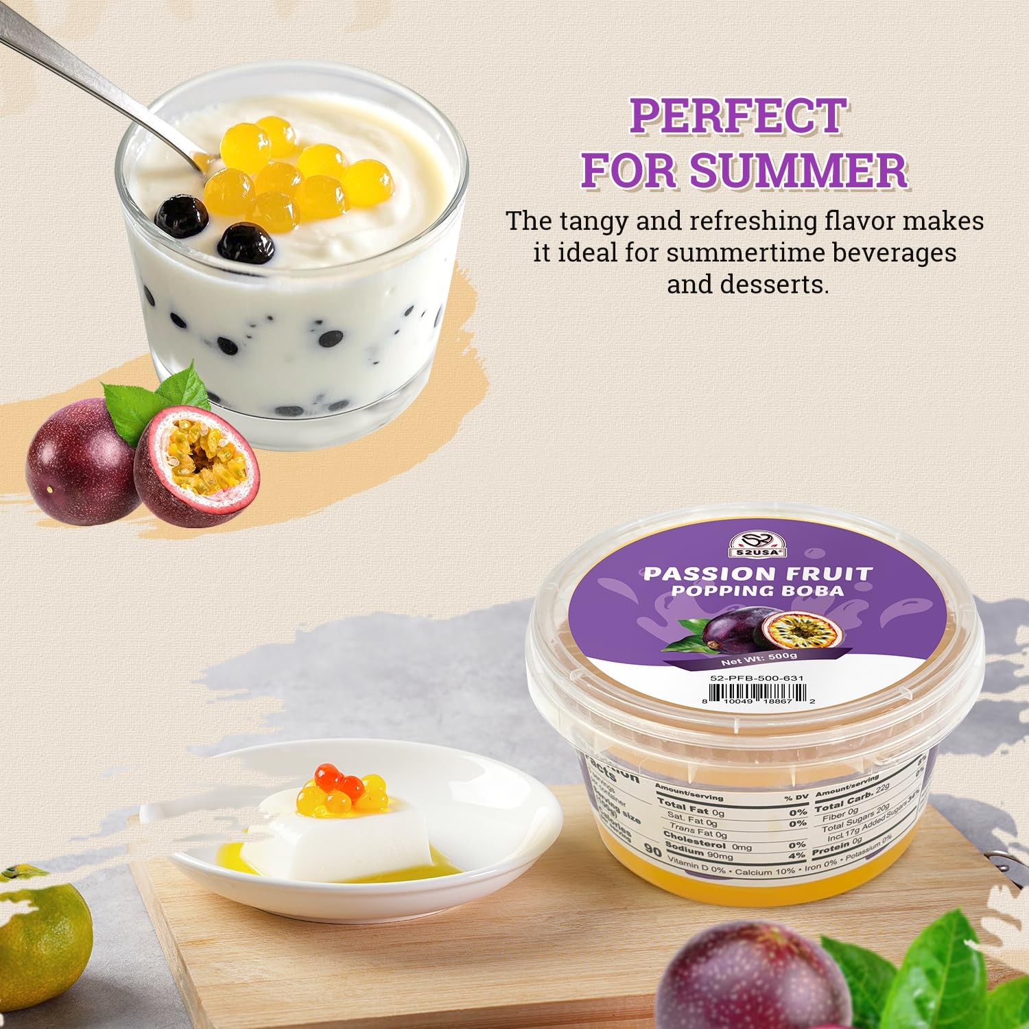 52USA Passion Fruit Popping Boba 500g, Popping Pearls for Bubble Tea, Beverag…
