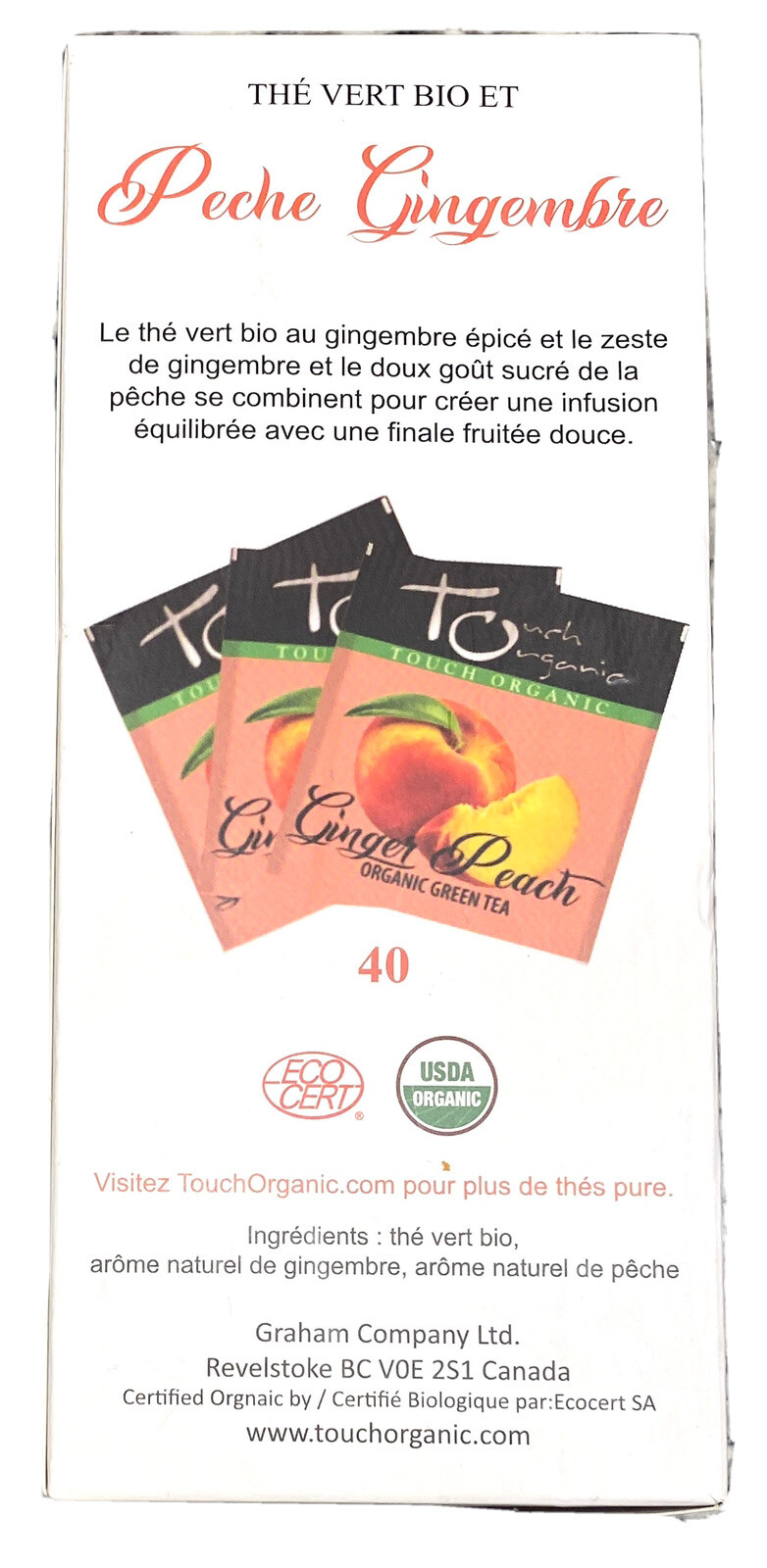 Touch Organic GINGER PEACH GREEN Tea Bags, 40 Bags, 2.5 oz