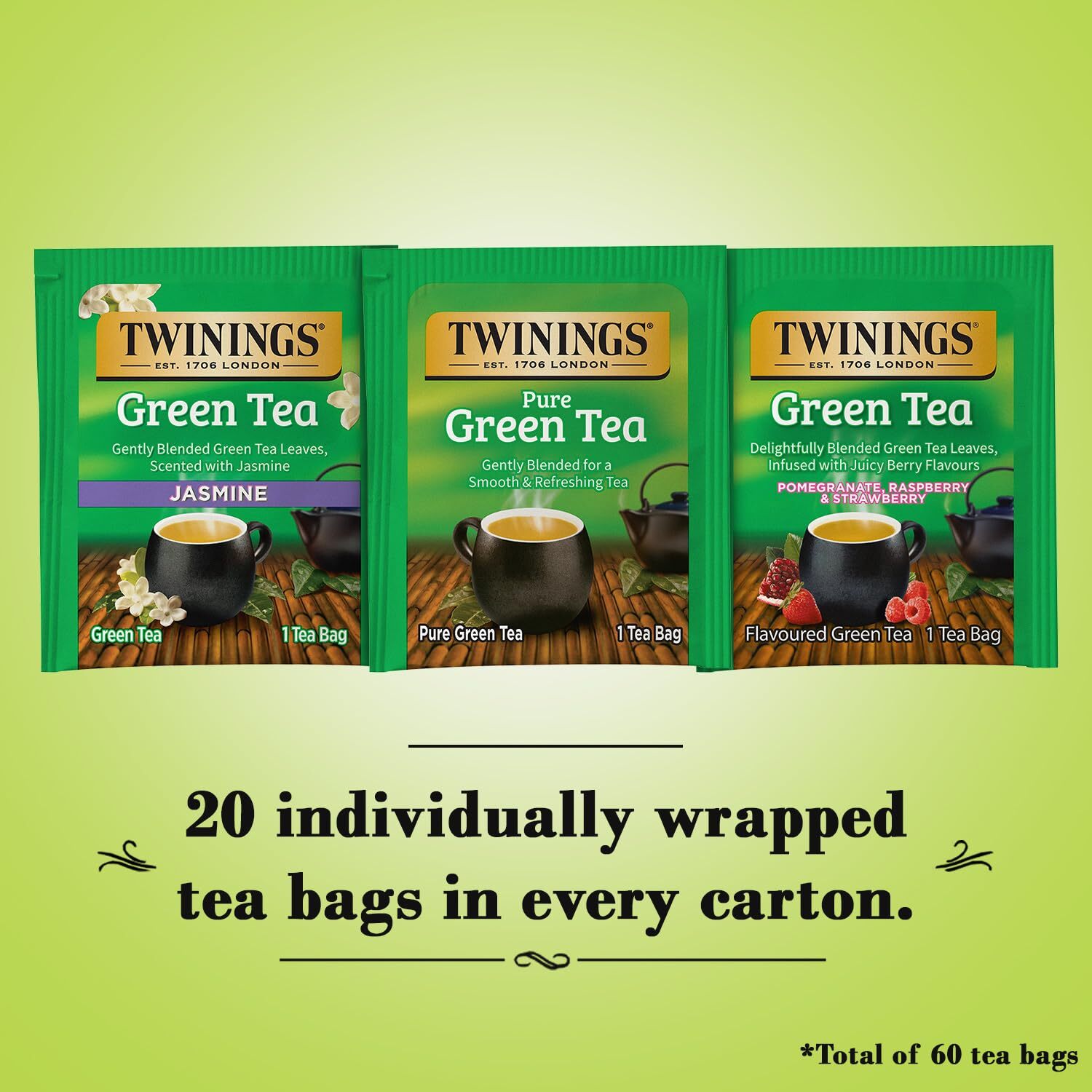 Twinings Green Tea Variety Pack Sampler, Jasmine, Strawberry, Pomegranate – 60ct