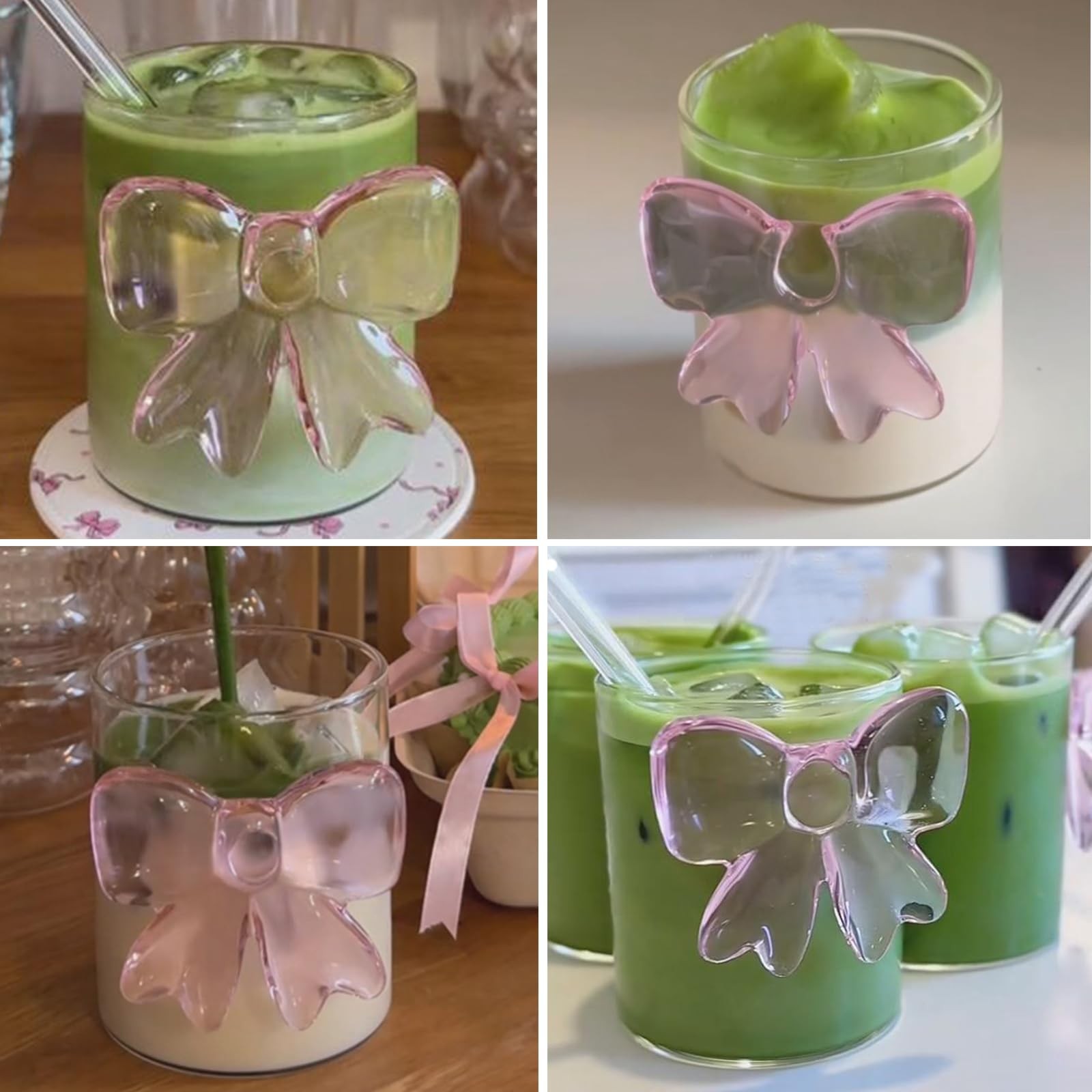 Pink Matcha Set Whisk, matcha Bowl with Spout,Glass Bow Matcha Cup for Iced C…