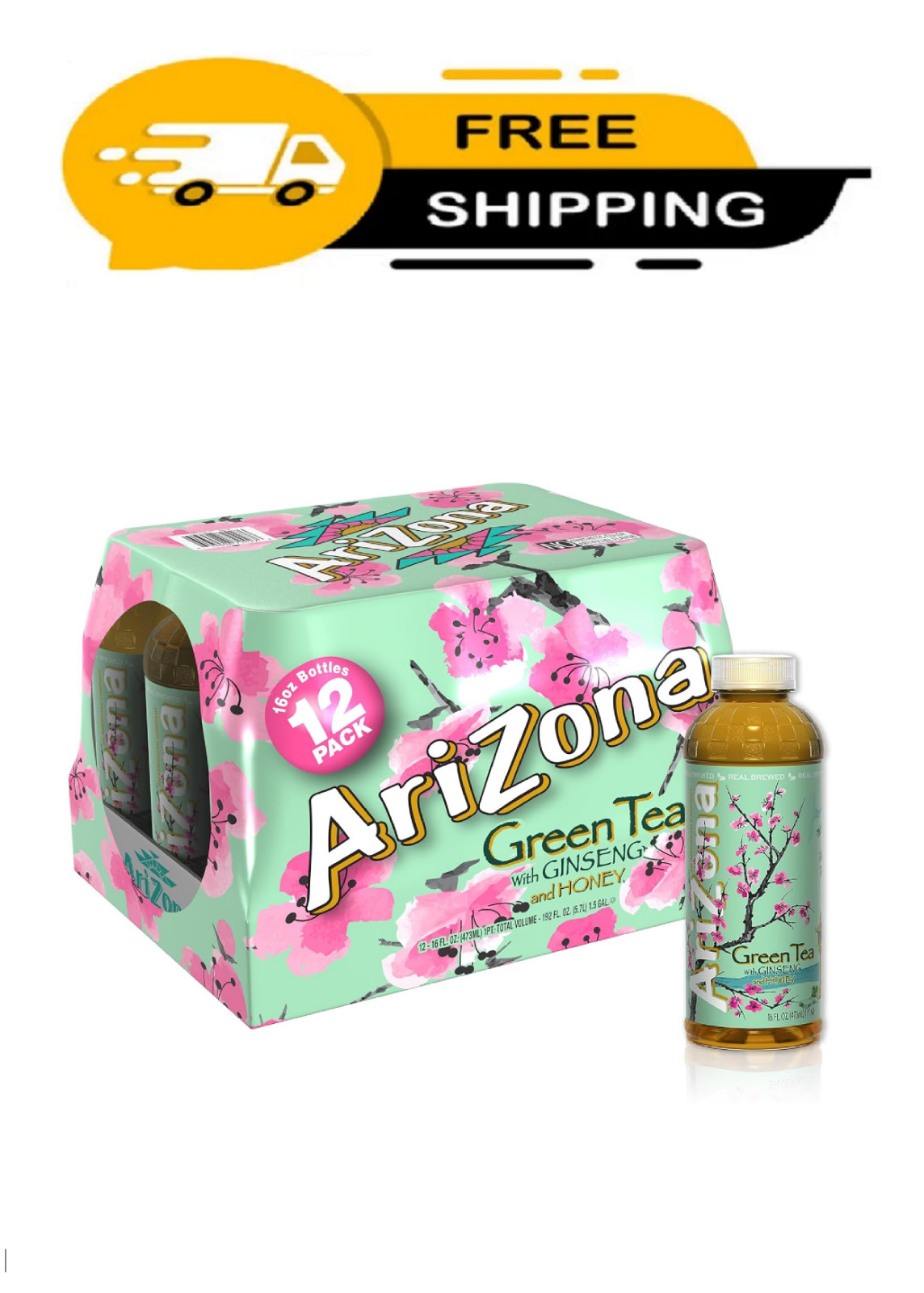 Arizona Green Tea with Ginseng and Honey, 16 Fl Oz (Pack of 12)