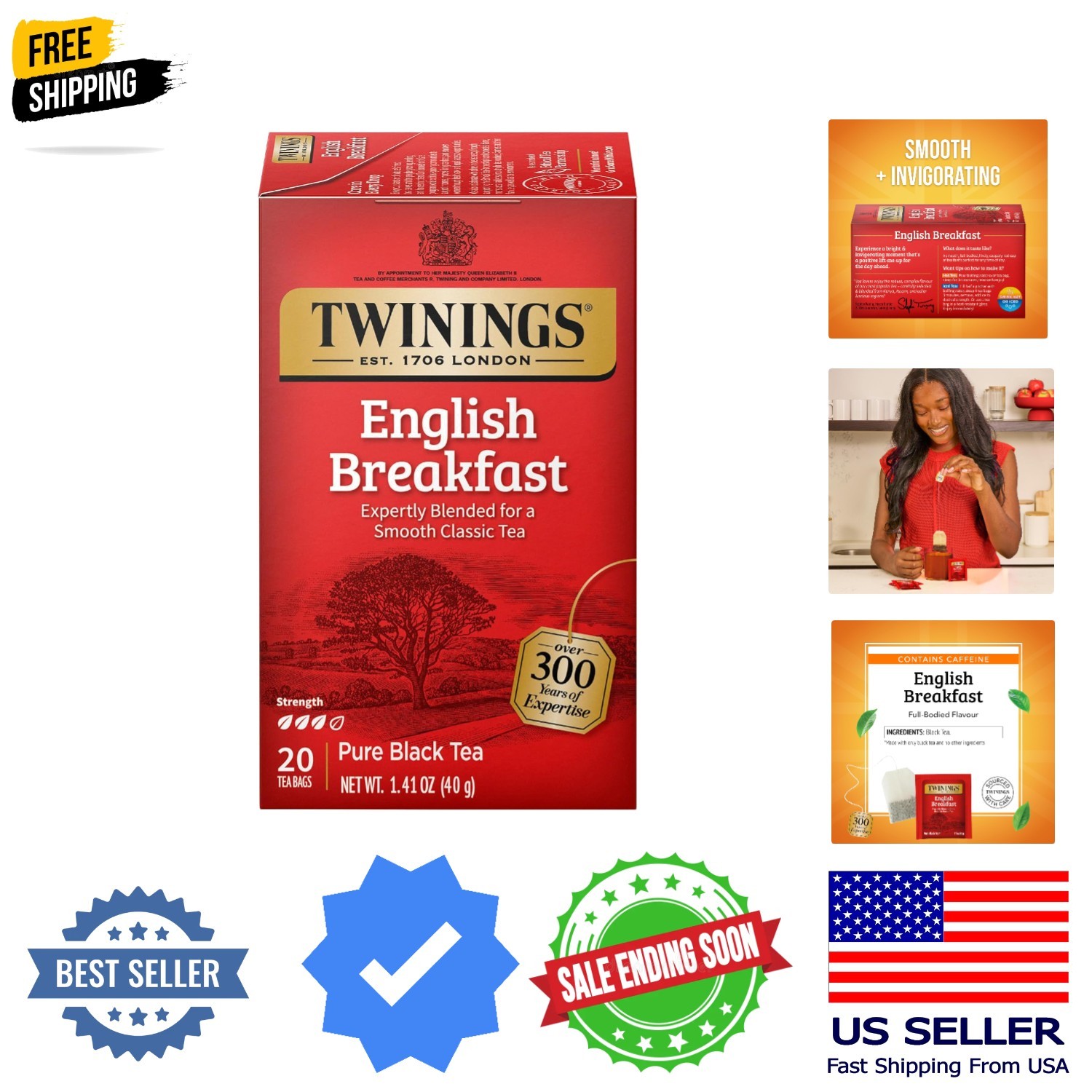 English Breakfast Black Tea Individually Wrapped Bags, 20 Count Pack of 1, Fl…