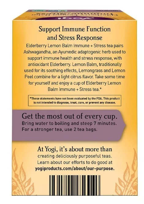 2 Pack Yogi Tea Elderberry Lemon Balm Immune Plus Stress Herbal Tea Bag 32 Count