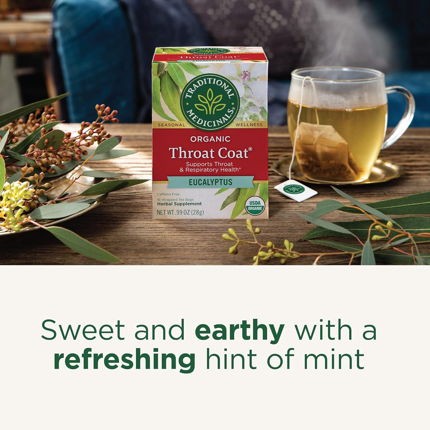 Organic, Throat Coat Tea, Eucalyptus & Slippery Elm – Supports Respiratory and T
