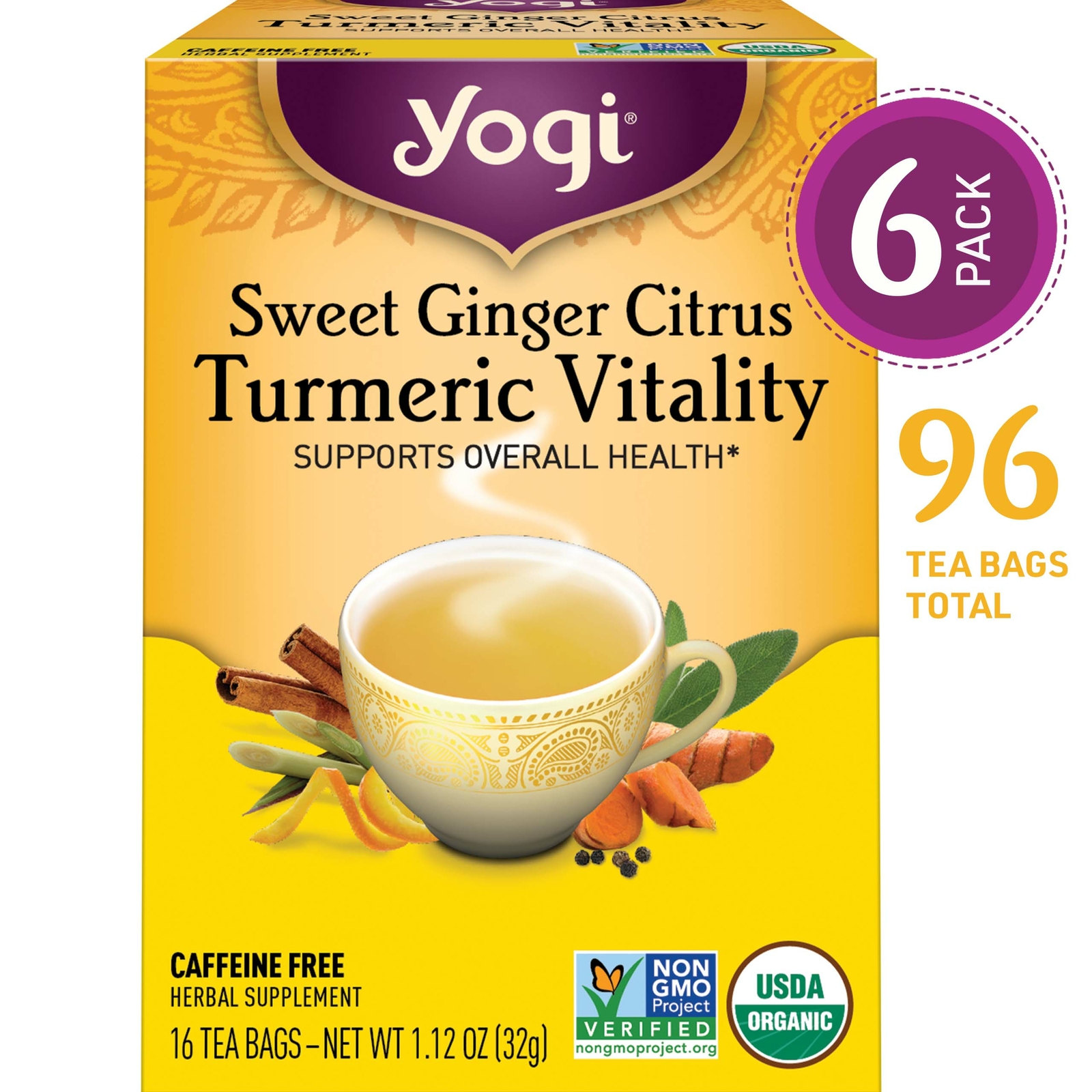 Yogi Tea – Sweet Ginger Citrus Turmeric Vitality – 6 Pack, 96 Tea Bags