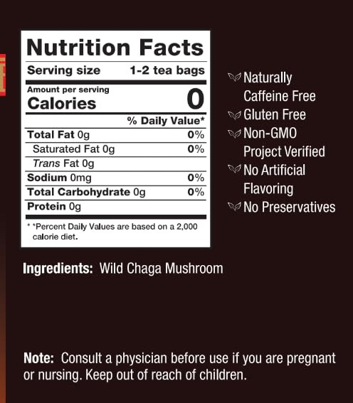Caffeine Free Wild Chaga Mushroom Herbal Tea Gluten Free Non Gmo 1.06 Ounce