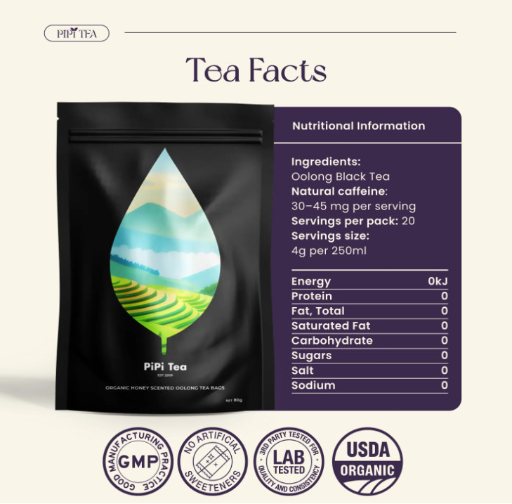 PiPi Tea Organic Oolong Tea Bags Whole Leaf 20Bags(4g) Cortisol & Calming Tea