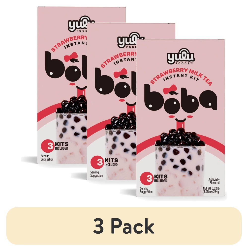 (3 pack) Foods Instant Boba Strawberry Milk Tea, Bubble Tea Kit, 3 Drinks