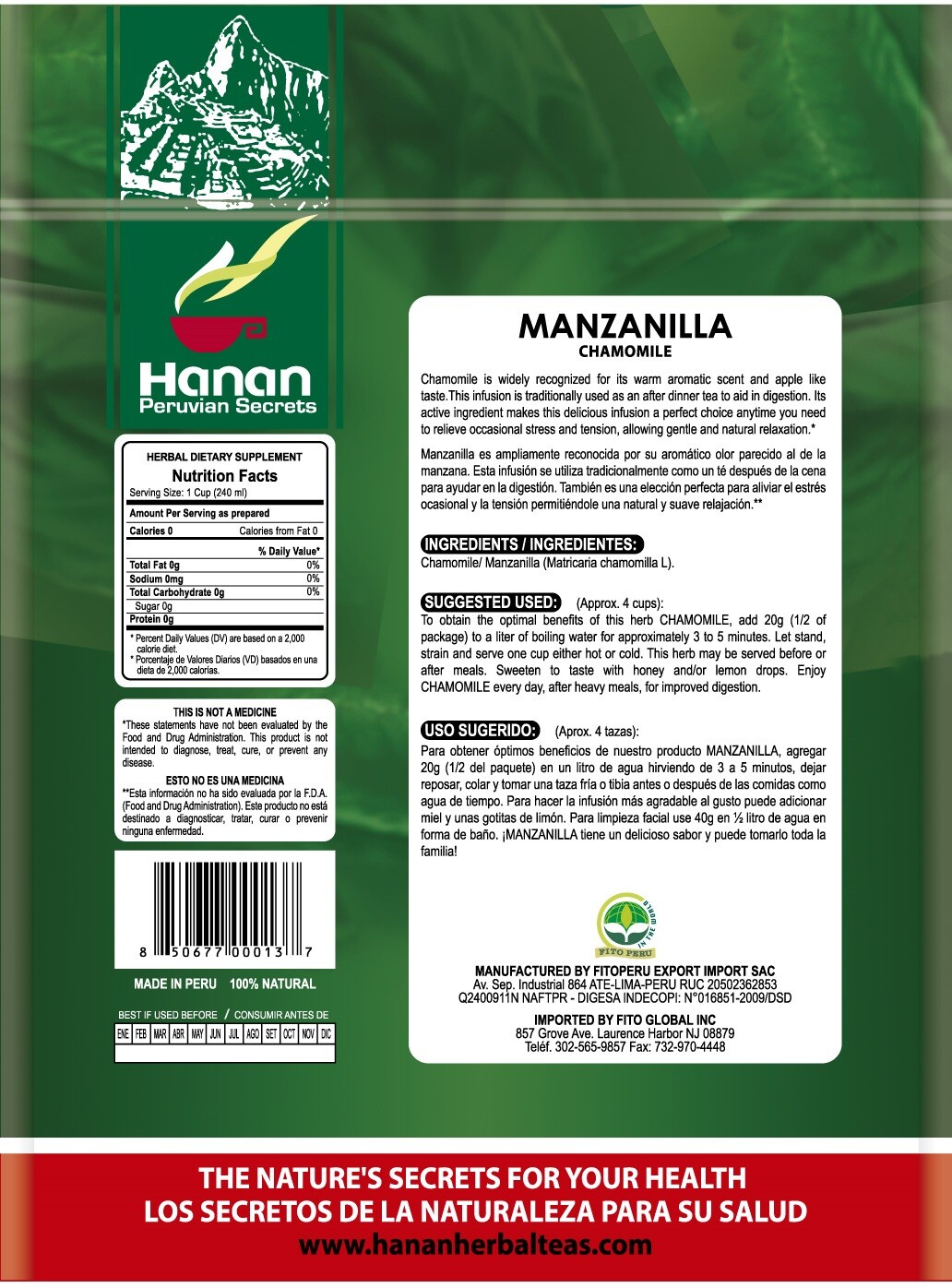 Hanan Peruvian Secrets Manzanilla Herbal Tea | 100% Natural Chamomile | 1.41oz