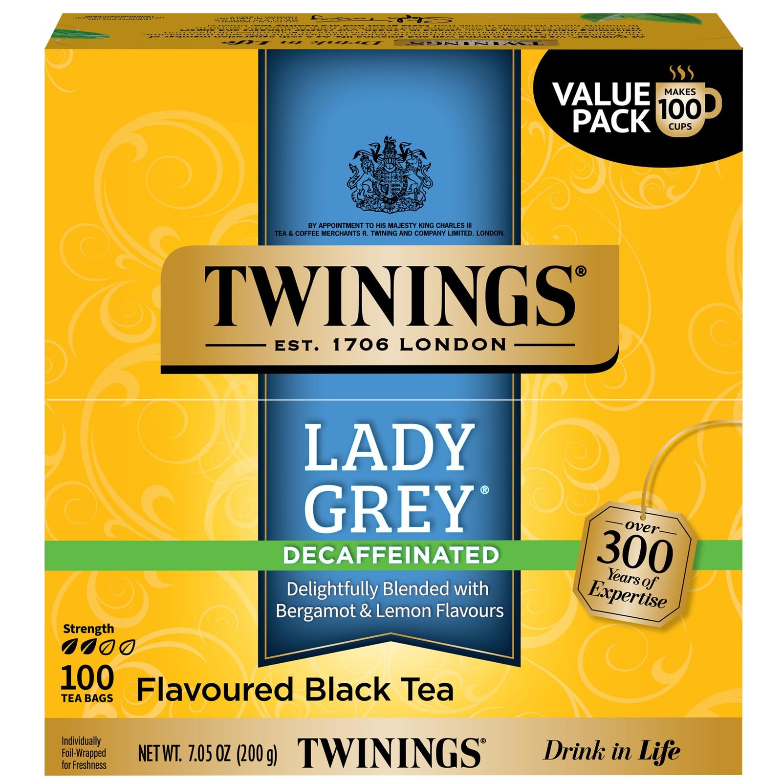 Twinings Decaffeinated Lady Grey Black Tea Individually 100 Count (Pack of 1)