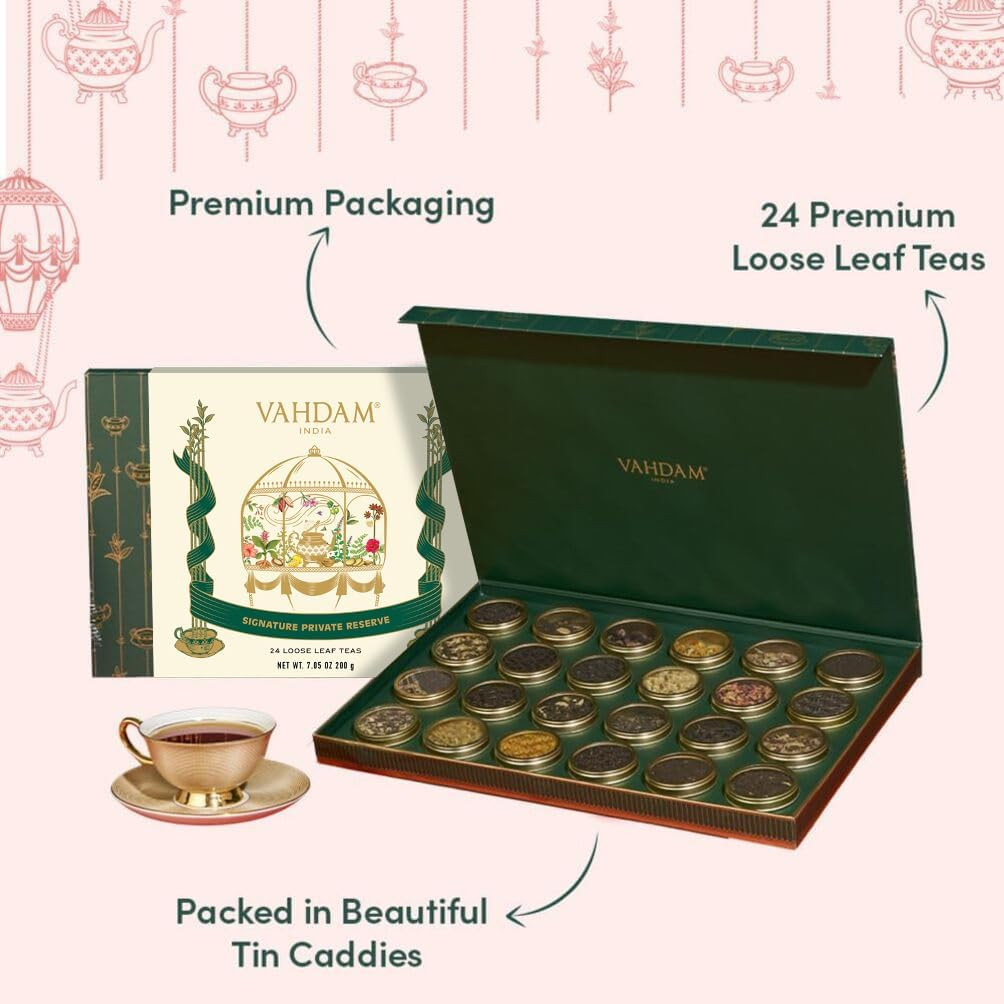 VAHDAM Premium Luxury Tea Gift Box – 24 Unique Loose Leaf Teas in Tin Caddies