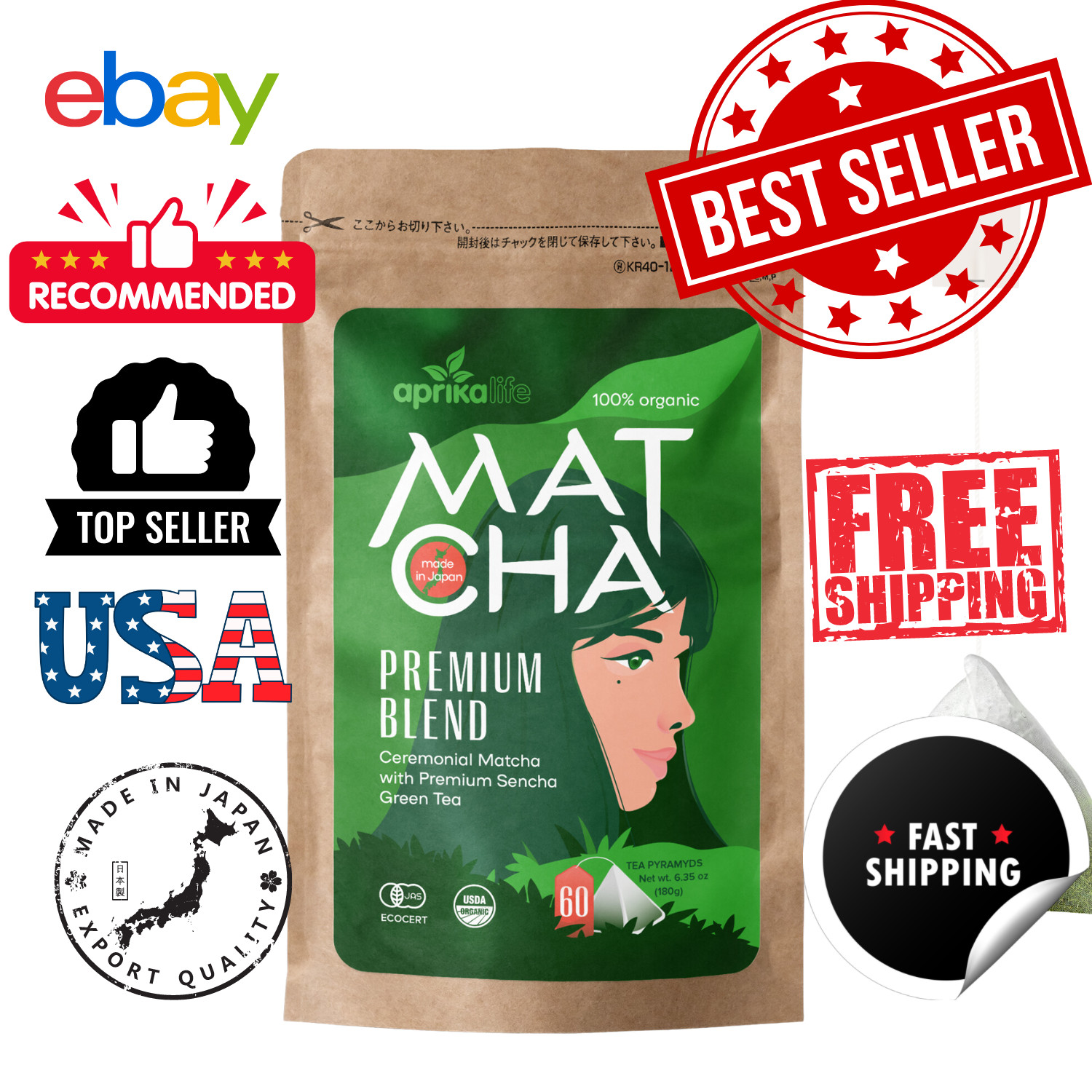 Matcha Green Tea, 60 bags, 100% Pure Japanese Tea, USA seller, 0 sugar