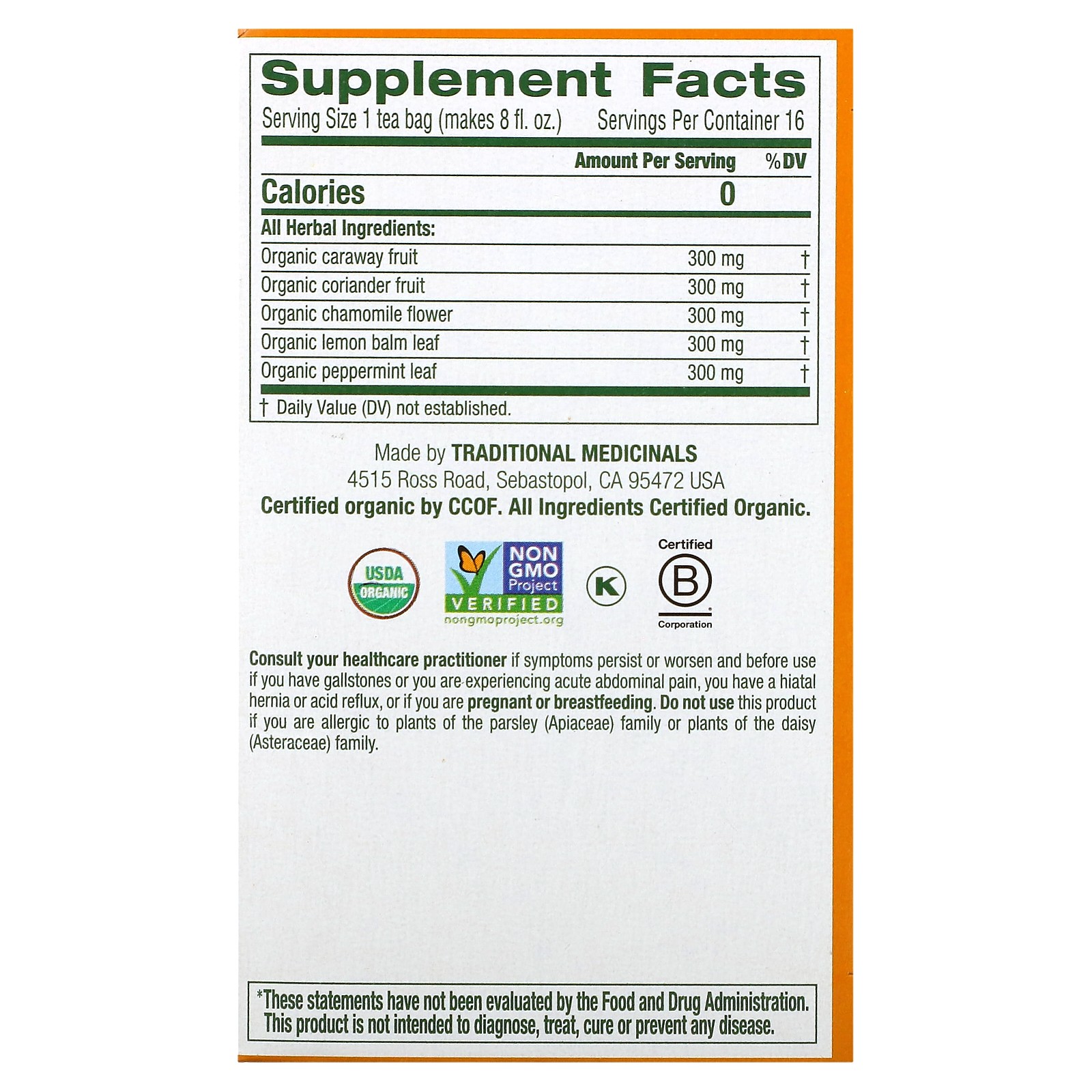 Organic Gas Relief, Chamomile Mint, Caffeine Free, 16 Wrapped Tea Bags, 0.85 oz
