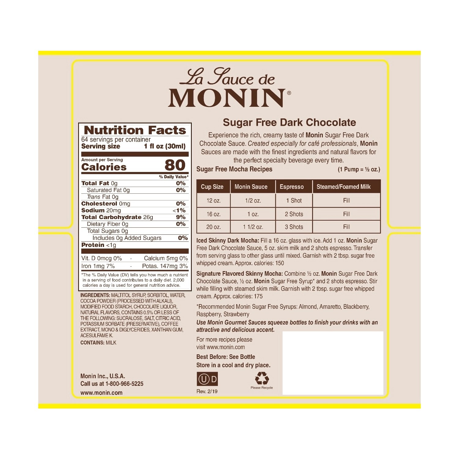 Monin Sugar free Dark Chocolate Sauce – Bottle (1.8L), H-Chocolate-S-SF