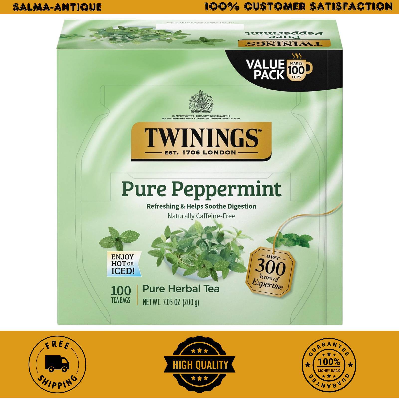 Twinings Pure Peppermint, 100 Individually Wrapped Tea Bags, Fresh Minty Free,