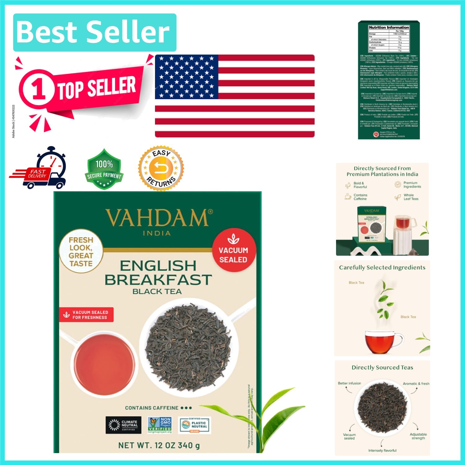 English Breakfast Loose Leaf Tea 340g | Non GMO & Gluten Free | 170 Cups