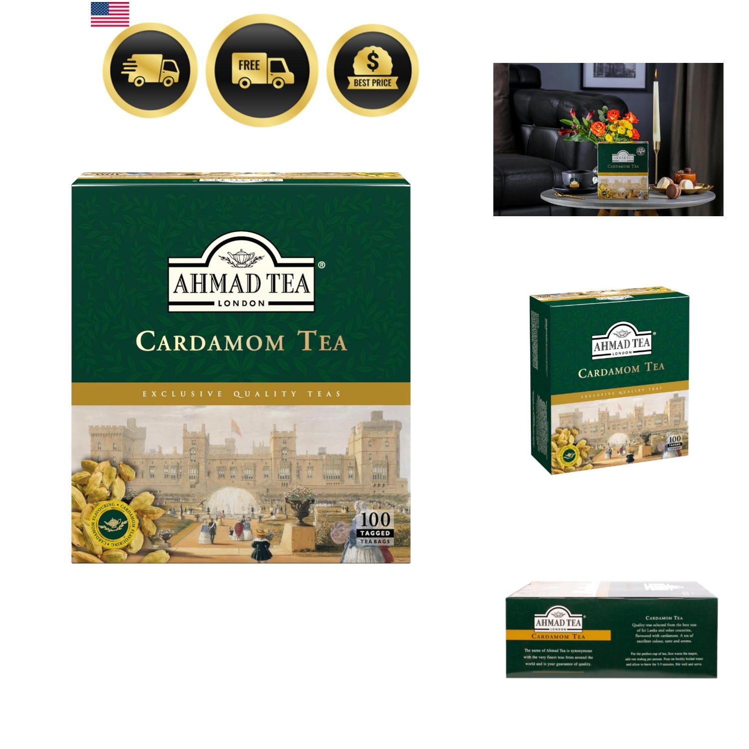 Black Tea, Cardamom Teabags No Envelopes, 100 ct – Caffeinated and Sugar-Free