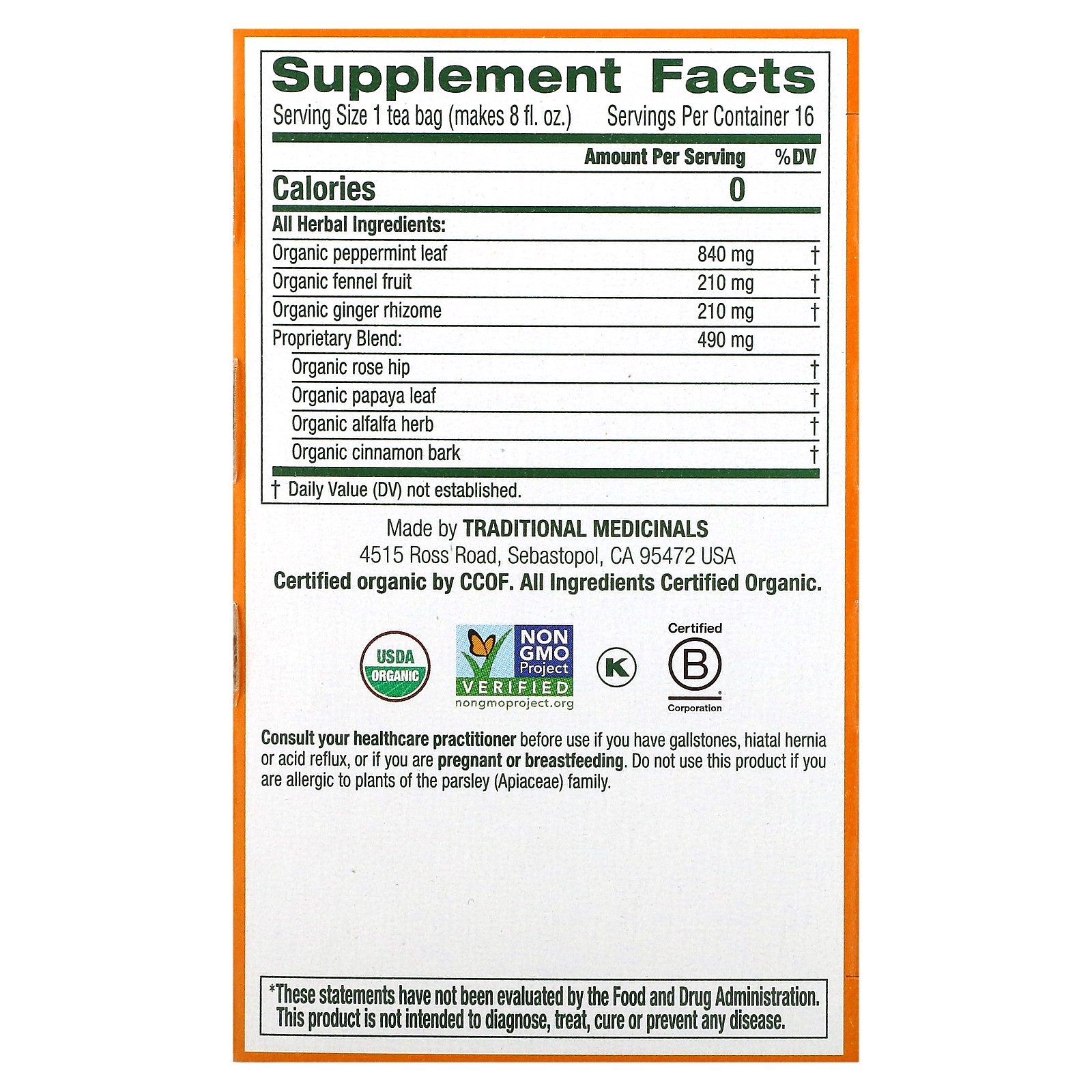 Organic Belly Comfort, Peppermint, Caffeine Free, 16 Wrapped Tea Bags, 0.99 oz