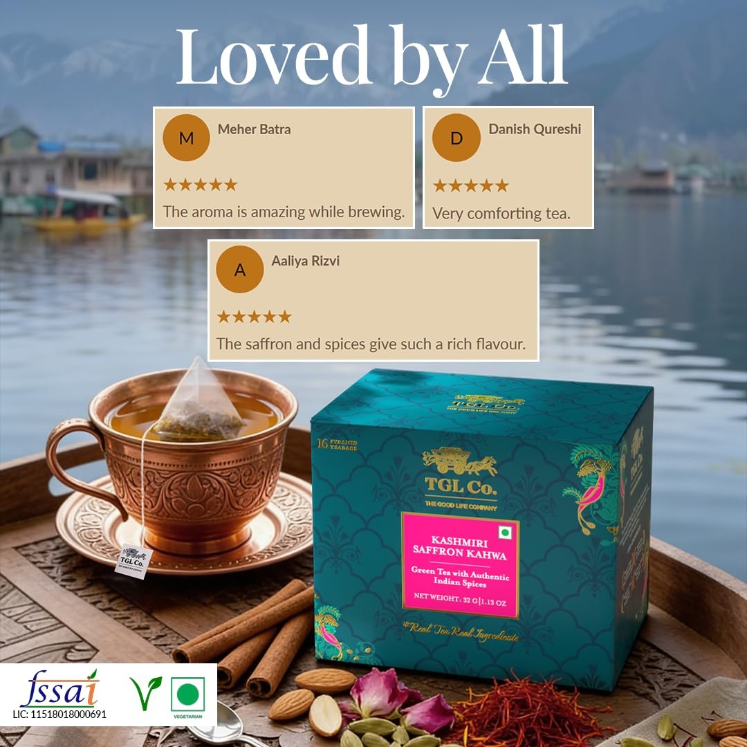TGL Co.Kashmiri Saffron Kahwa Green Tea 16 Bags|Exotic Herbal Saffron Chai Blend