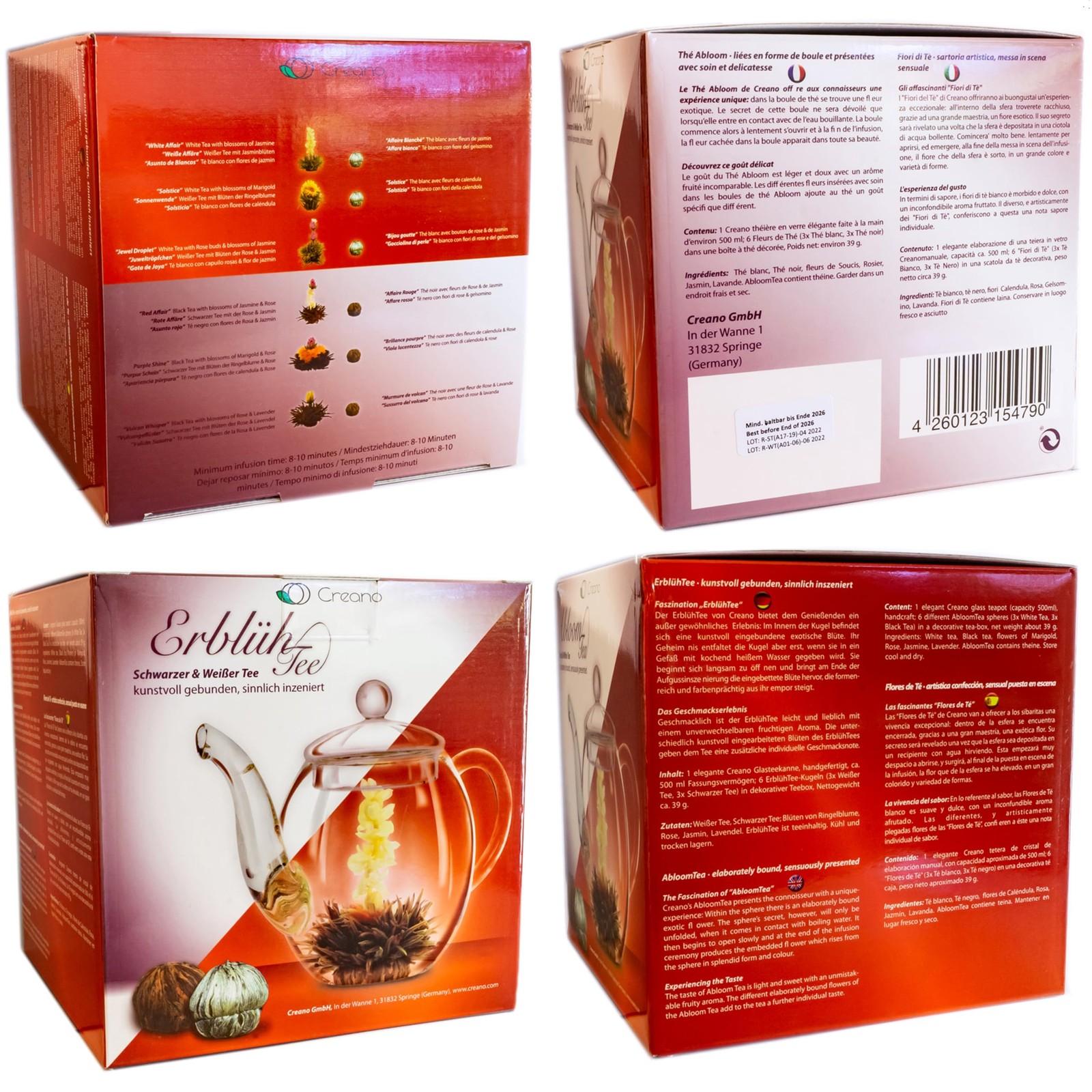 Creano Blooming Tea Gift Set with Glass Pot 17oz/500ml with 6 Flowering-Tea e…