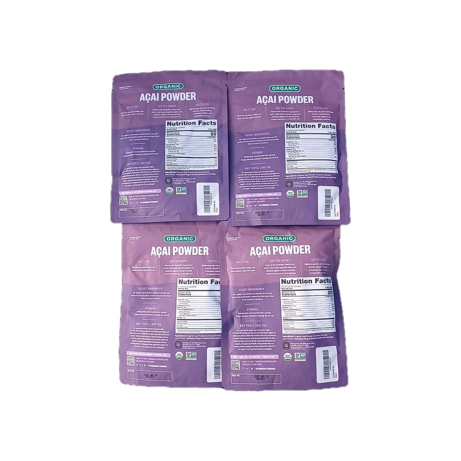 4 bags From Great Origins Organic Acai powder 4.oz each From Brazil 11/27 = 1lb