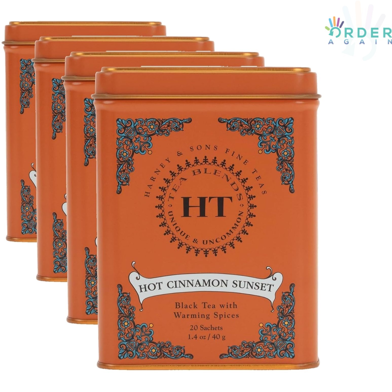 Black Tea Pack of 4 Caffeinated 80 Sachets Hot Cinnamon Sunset Orange